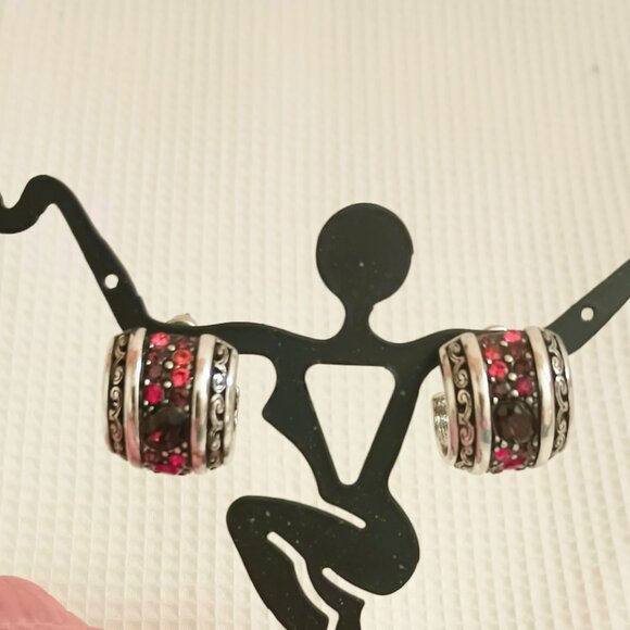 Wide Red Crystal Hoop Earrings Women's Silver Tone Scroll Post Jewelry - Picture 9 of 10